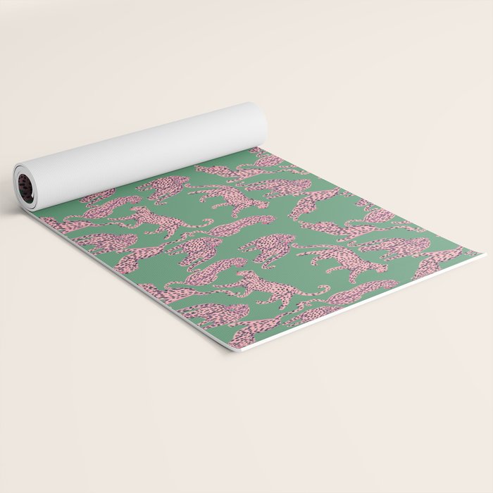 Modern abstract pink leopards in emerald green background  Yoga Mat Gallery Image 2
