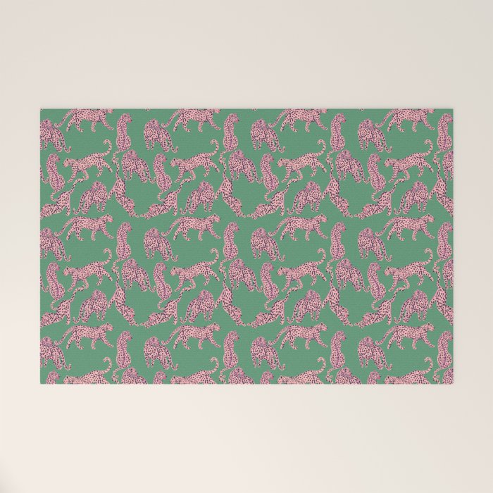 Modern abstract pink leopards in emerald green background  Welcome Mat Gallery Image 1