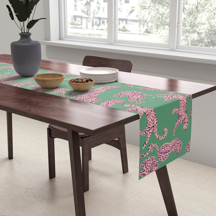Modern abstract pink leopards in emerald green background  Table Runner Gallery Image 2