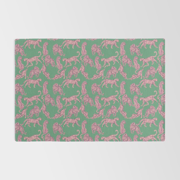 Modern abstract pink leopards in emerald green background  Rug Gallery Image 2