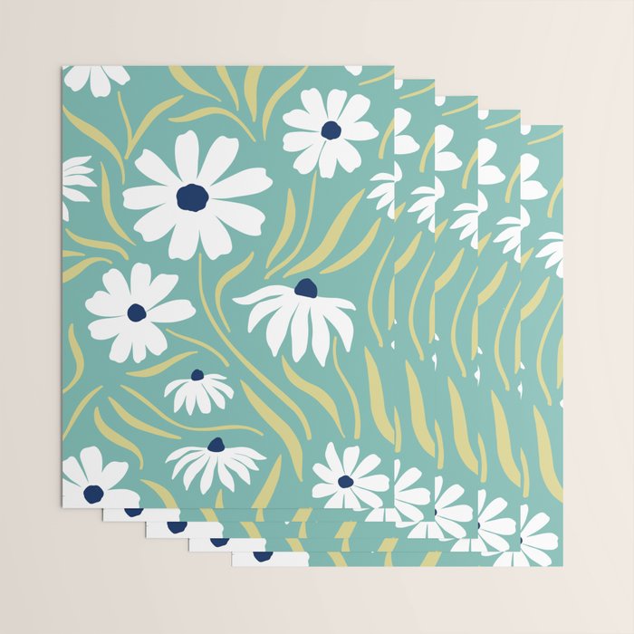 Harper Floral Prints, Teal, Navy, Yellow Wrapping Paper Gallery Image 3