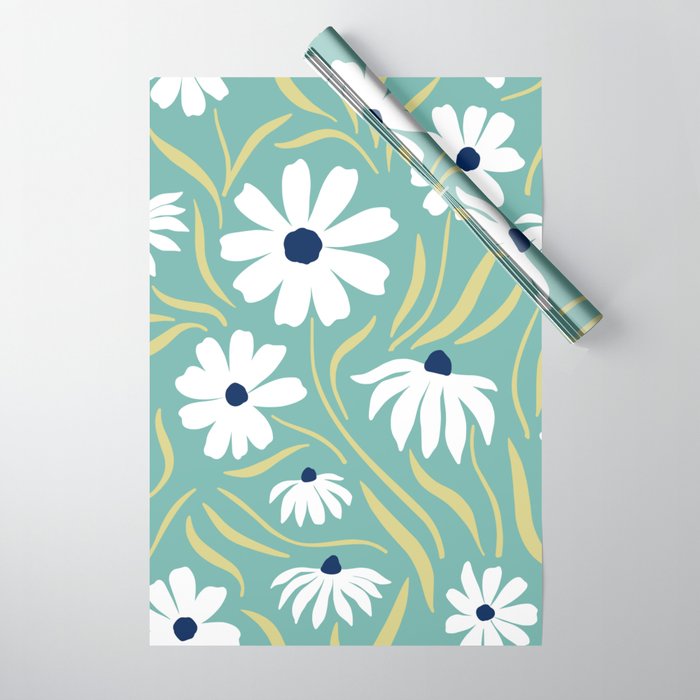 Harper Floral Prints, Teal, Navy, Yellow Wrapping Paper Gallery Image 1