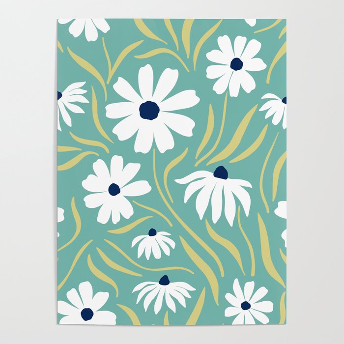 Harper Floral Prints, Teal, Navy, Yellow Poster Gallery Image 1