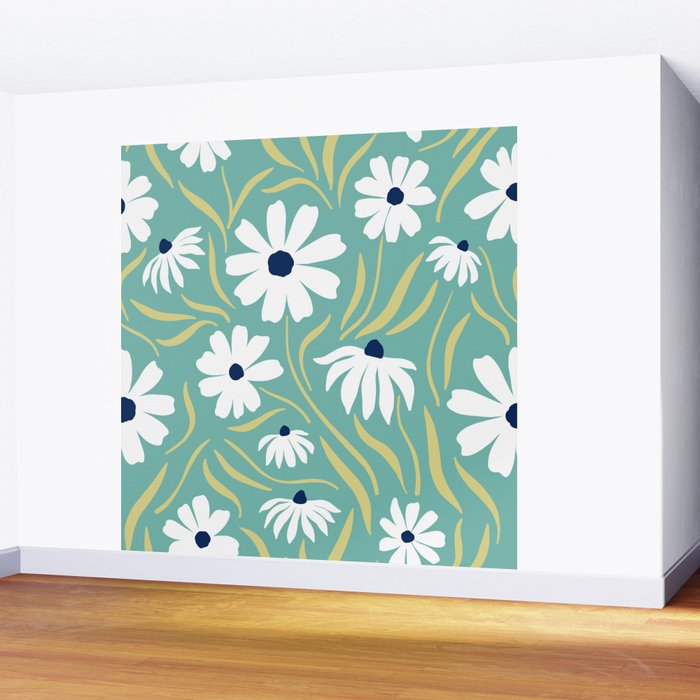 Harper Floral Prints, Teal, Navy, Yellow Wall Mural Gallery Image 2