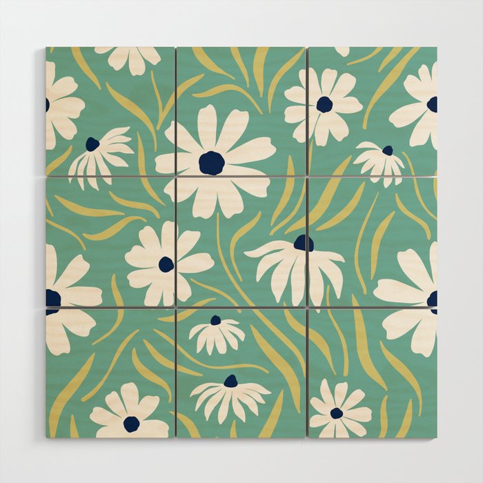 Harper Floral Prints, Teal, Navy, Yellow Wood Wall Art Gallery Image 1