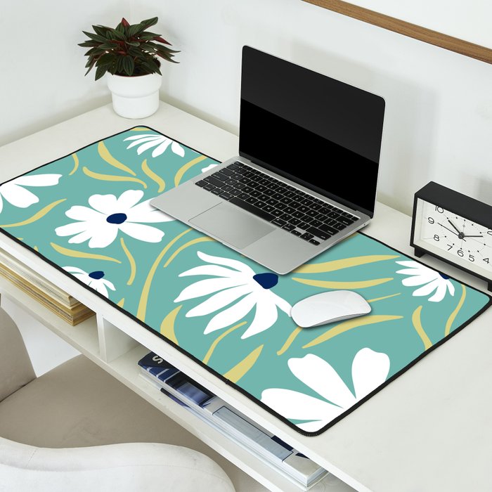 Harper Floral Prints, Teal, Navy, Yellow Desk Mat Gallery Image 2