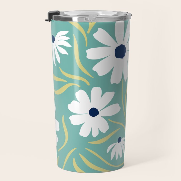 Harper Floral Prints, Teal, Navy, Yellow Travel Mug Gallery Image 3