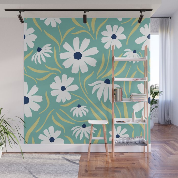 Harper Floral Prints, Teal, Navy, Yellow Wall Mural Gallery Image 1