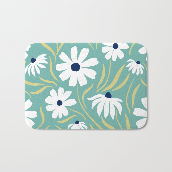 Harper Floral Prints, Teal, Navy, Yellow Bath Mat Gallery Image 1