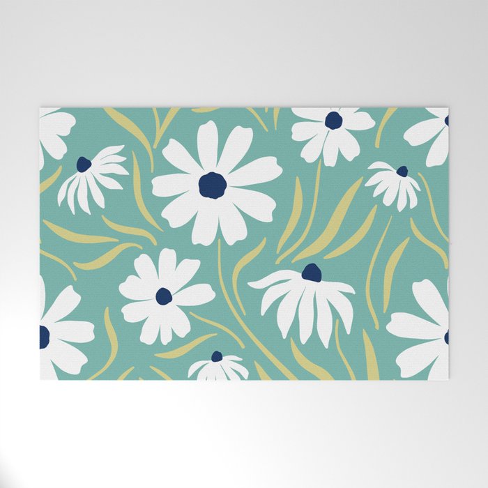Harper Floral Prints, Teal, Navy, Yellow Welcome Mat Gallery Image 1