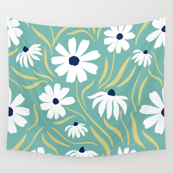Harper Floral Prints, Teal, Navy, Yellow Wall Tapestry Gallery Image 1