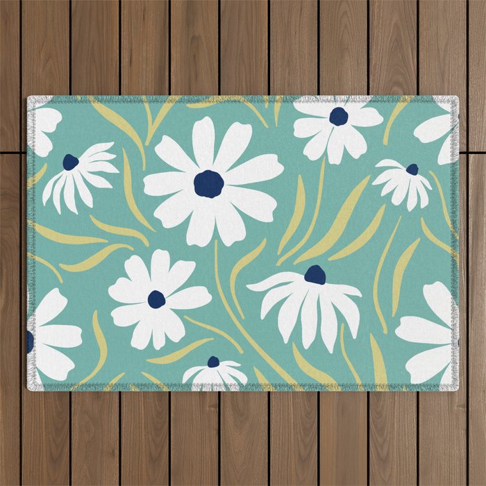 Harper Floral Prints, Teal, Navy, Yellow Outdoor Rug Gallery Image 1