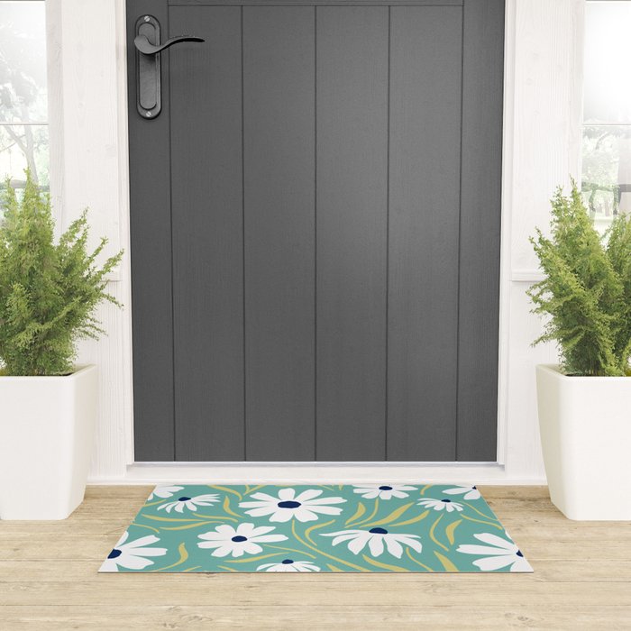 Harper Floral Prints, Teal, Navy, Yellow Welcome Mat Gallery Image 3