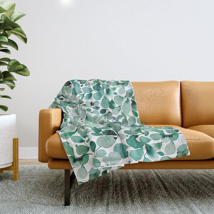 Watercolor Eucalyptus Botanical Green Leaves Throw Blanket Gallery Image 1