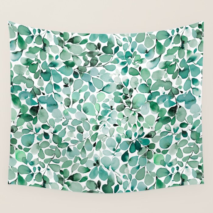 Watercolor Eucalyptus Botanical Green Leaves Wall Tapestry Gallery Image 1