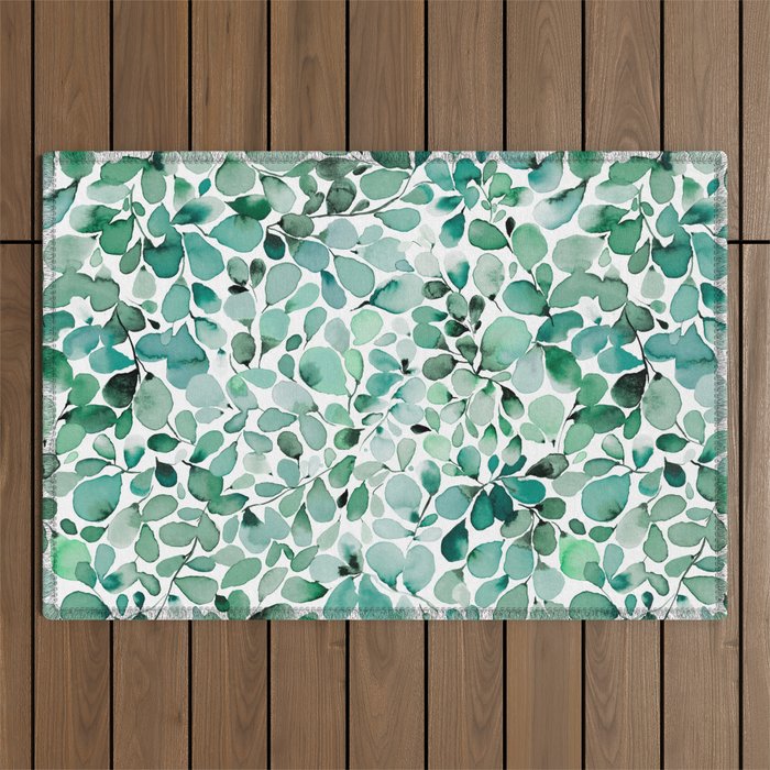 Watercolor Eucalyptus Botanical Green Leaves Outdoor Rug Gallery Image 1