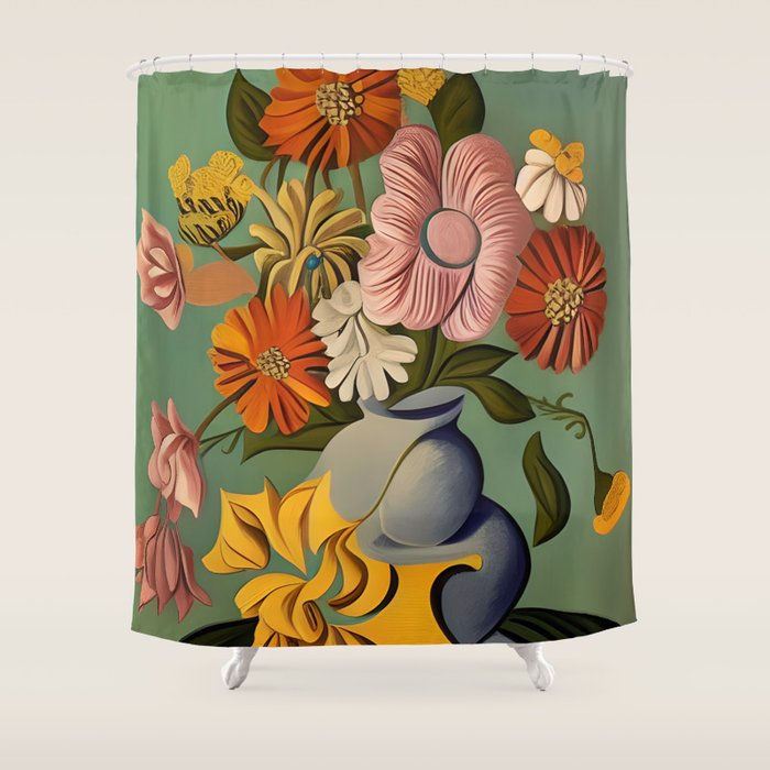 Quirky Abstract Vintage Retro Floral Shower Curtain Gallery Image 1