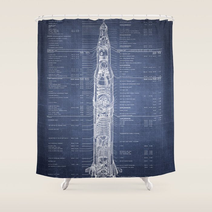 Apollo 11 Saturn V Blueprint in High Resolution (dark blue) Shower Curtain Gallery Image 1