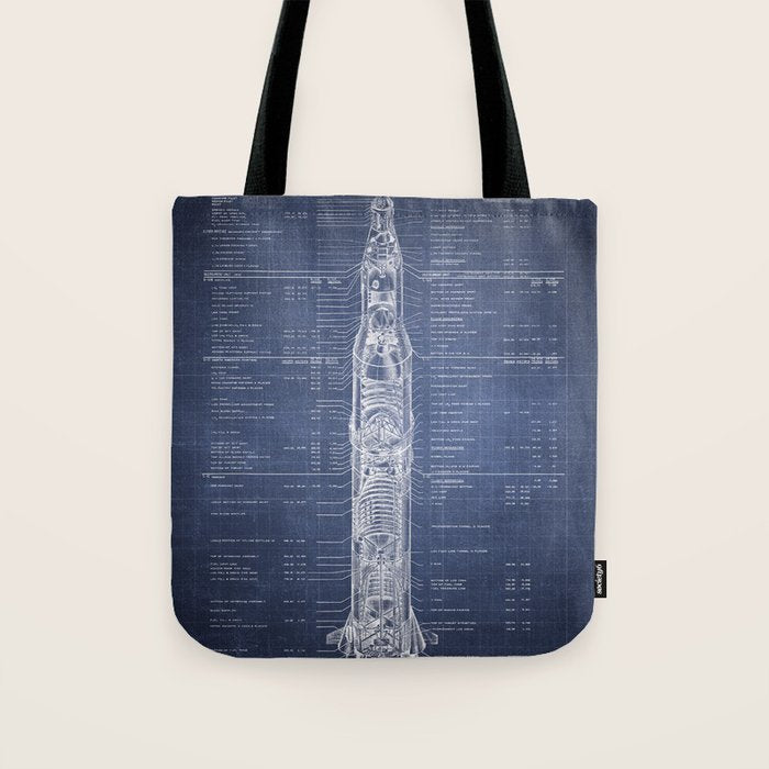 Apollo 11 Saturn V Blueprint in High Resolution (dark blue) Tote Bag Gallery Image 1