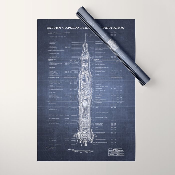 Apollo 11 Saturn V Blueprint in High Resolution (dark blue) Wrapping Paper Gallery Image 1