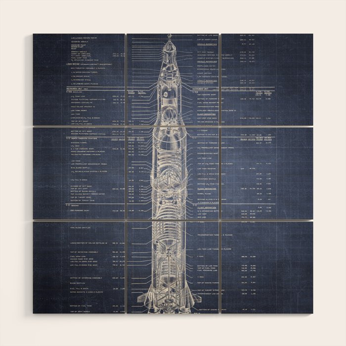 Apollo 11 Saturn V Blueprint in High Resolution (dark blue) Wood Wall Art Gallery Image 1