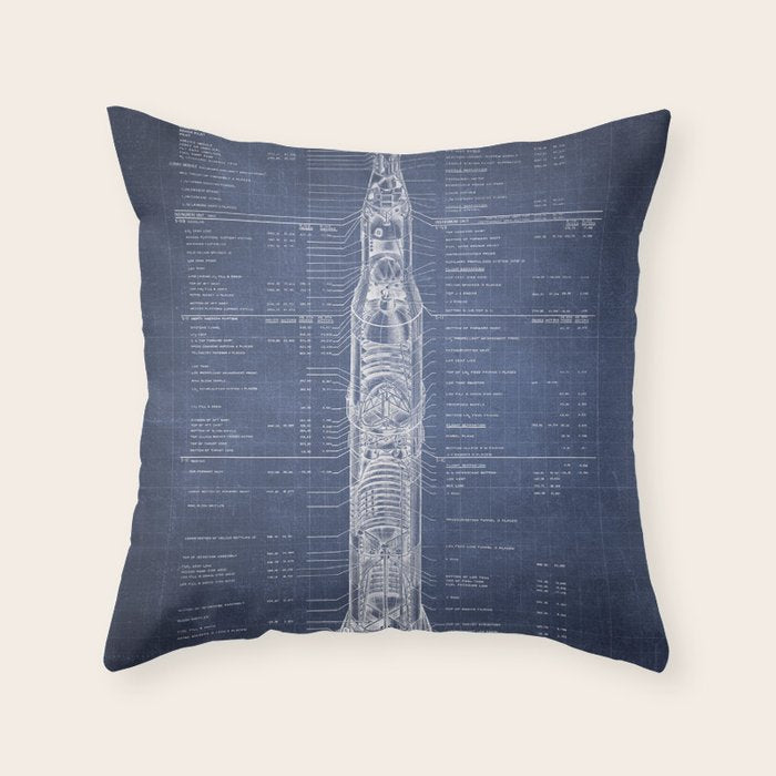 Apollo 11 Saturn V Blueprint in High Resolution (dark blue) Throw Pillow Gallery Image 6