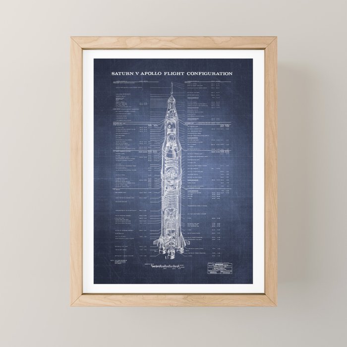 Apollo 11 Saturn V Blueprint in High Resolution (dark blue) Mini Art Print Gallery Image 1