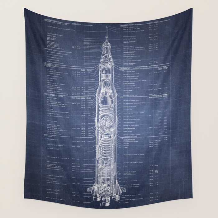 Apollo 11 Saturn V Blueprint in High Resolution (dark blue) Wall Tapestry Gallery Image 1