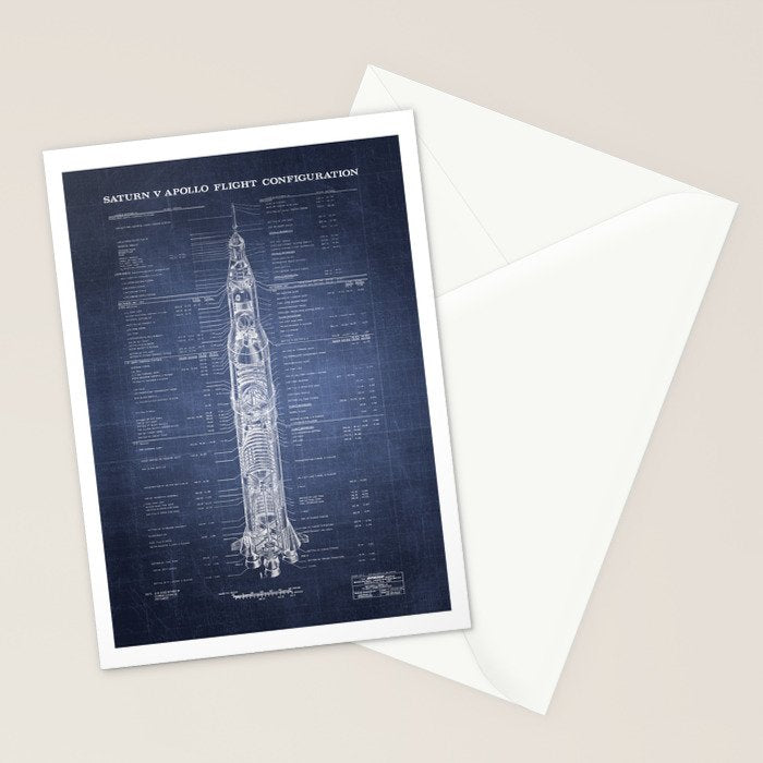 Apollo 11 Saturn V Blueprint in High Resolution (dark blue) Stationery Card Gallery Image 2