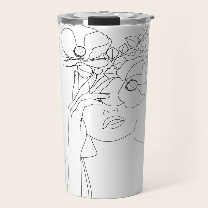 Minimal Line Art Woman with Flowers II Travel Mug Gallery Image 1