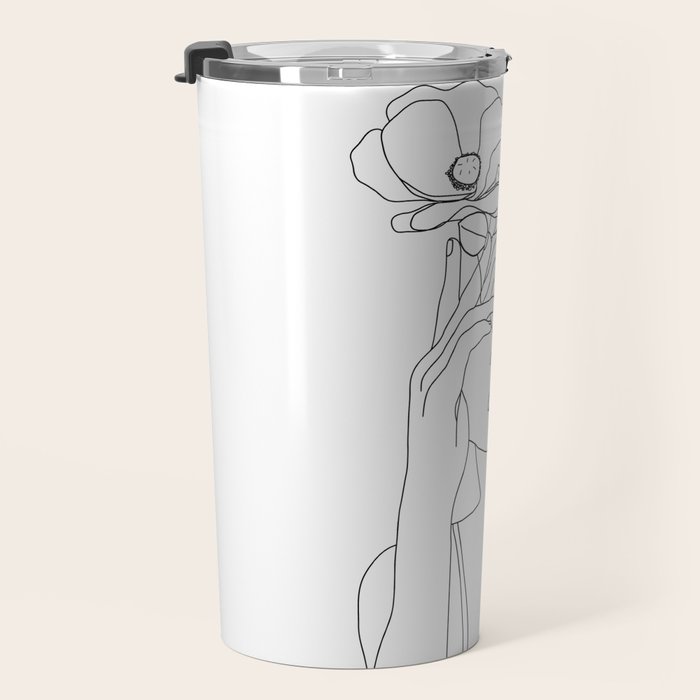 Minimal Line Art Woman with Flowers II Travel Mug Gallery Image 3