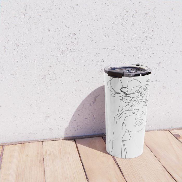 Minimal Line Art Woman with Flowers II Travel Mug Gallery Image 4