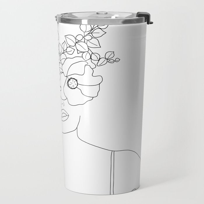 Minimal Line Art Woman with Flowers II Travel Mug Gallery Image 2