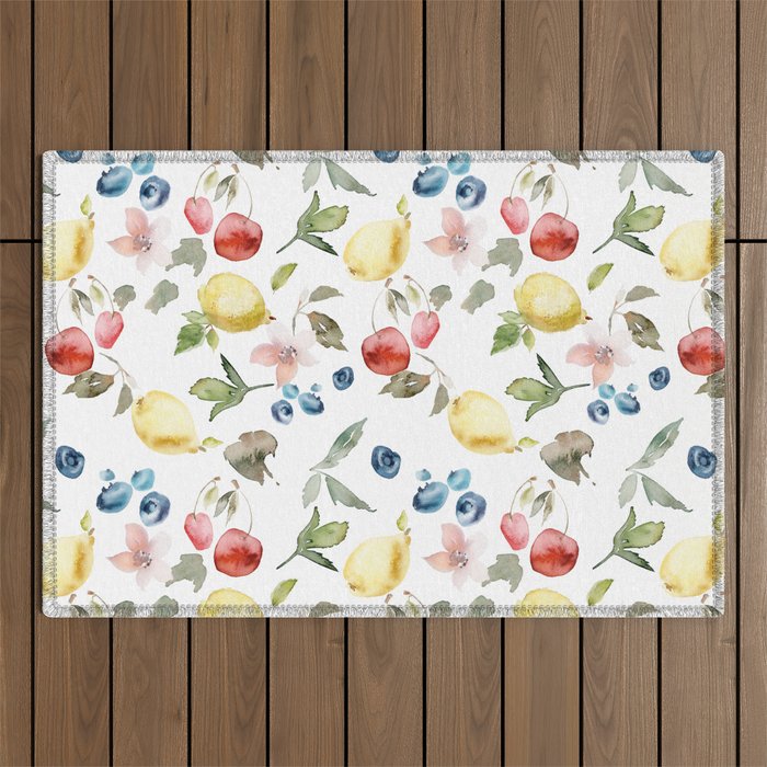Lemon Berries and Cherries Watercolor Pattern Outdoor Rug Gallery Image 1