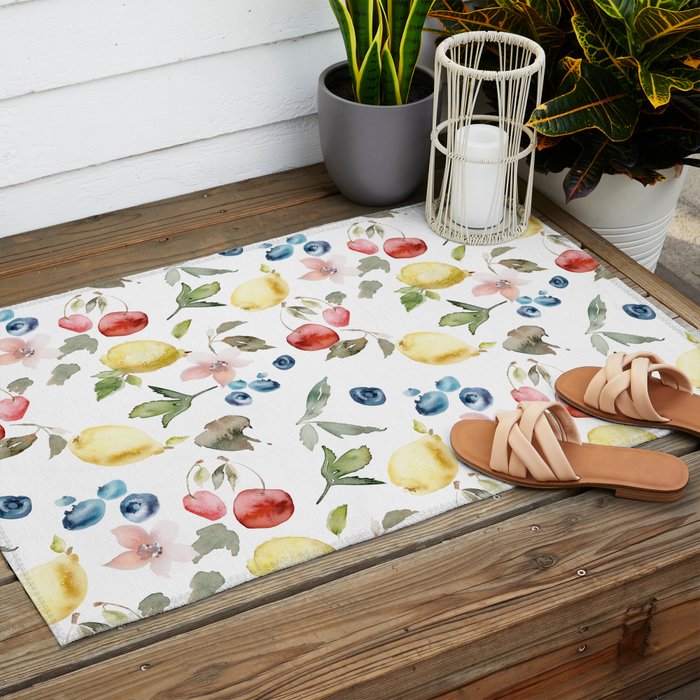 Lemon Berries and Cherries Watercolor Pattern Outdoor Rug Gallery Image 2