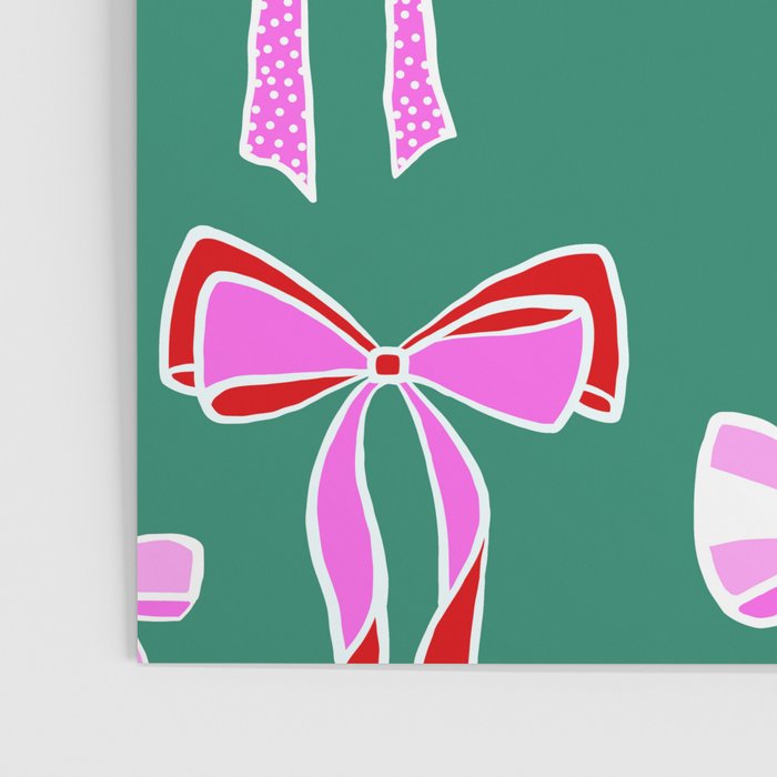 Festive Pink and Red Christmas Ribbons and Bows hand drawn Collection on Green Poster Gallery Image 3
