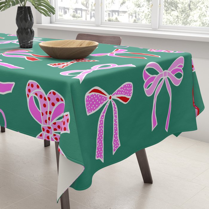 Festive Pink and Red Christmas Ribbons and Bows hand drawn Collection on Green Tablecloth Gallery Image 3
