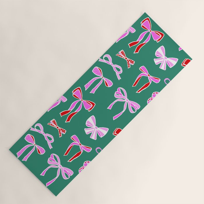 Festive Pink and Red Christmas Ribbons and Bows hand drawn Collection on Green Yoga Mat Gallery Image 1
