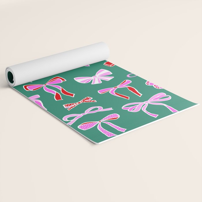Festive Pink and Red Christmas Ribbons and Bows hand drawn Collection on Green Yoga Mat Gallery Image 2