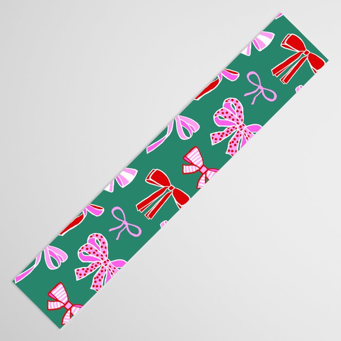 Festive Pink and Red Christmas Ribbons and Bows hand drawn Collection on Green Table Runner Gallery Image 3