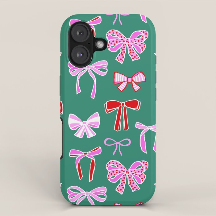 Festive Pink and Red Christmas Ribbons and Bows hand drawn Collection on Green iPhone Case Gallery Image 1