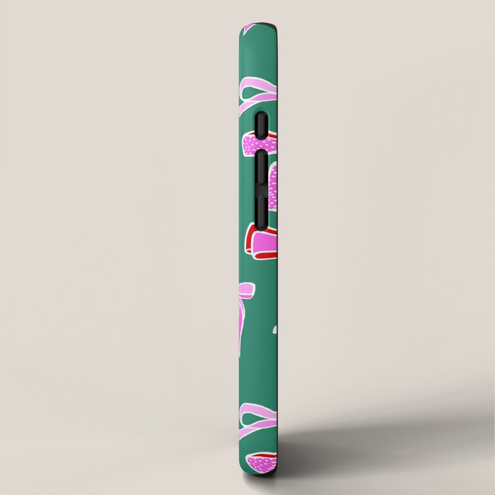 Festive Pink and Red Christmas Ribbons and Bows hand drawn Collection on Green iPhone Case Gallery Image 2