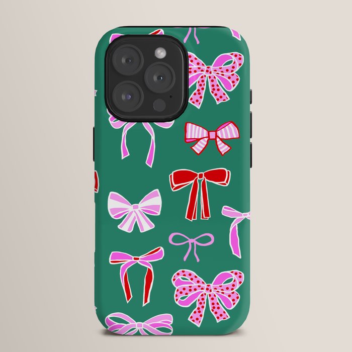 Festive Pink and Red Christmas Ribbons and Bows hand drawn Collection on Green iPhone Case Gallery Image 15