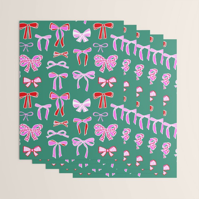 Festive Pink and Red Christmas Ribbons and Bows hand drawn Collection on Green Wrapping Paper Gallery Image 3