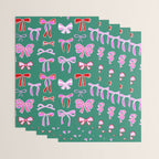 Festive Pink and Red Christmas Ribbons and Bows hand drawn Collection on Green Wrapping Paper Gallery Image 3