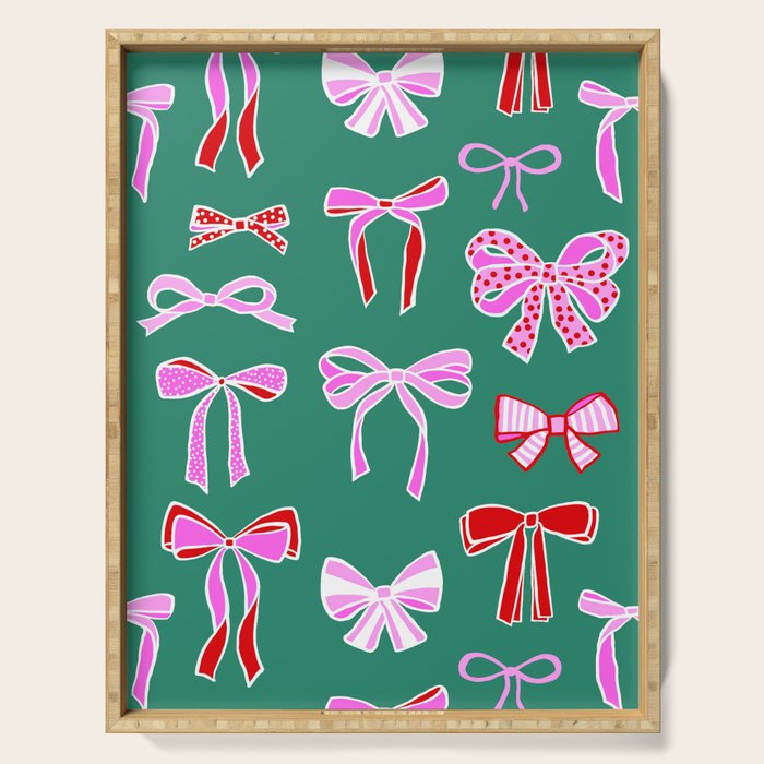 Festive Pink and Red Christmas Ribbons and Bows hand drawn Collection on Green Serving Tray Gallery Image 1