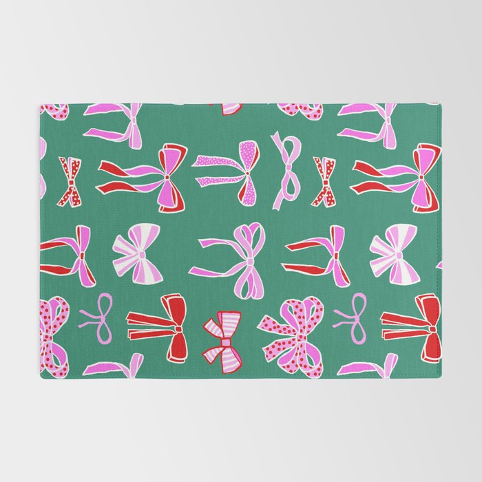 Festive Pink and Red Christmas Ribbons and Bows hand drawn Collection on Green Rug Gallery Image 2