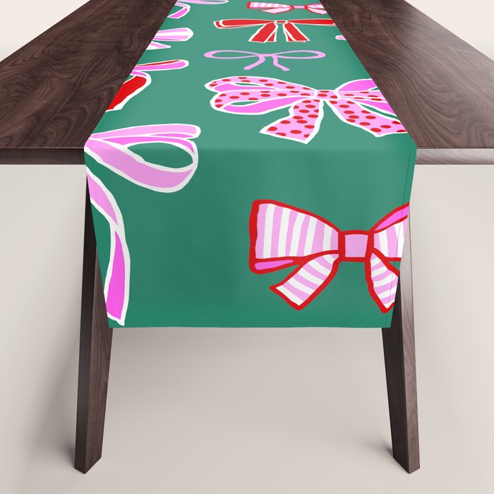 Festive Pink and Red Christmas Ribbons and Bows hand drawn Collection on Green Table Runner Gallery Image 1