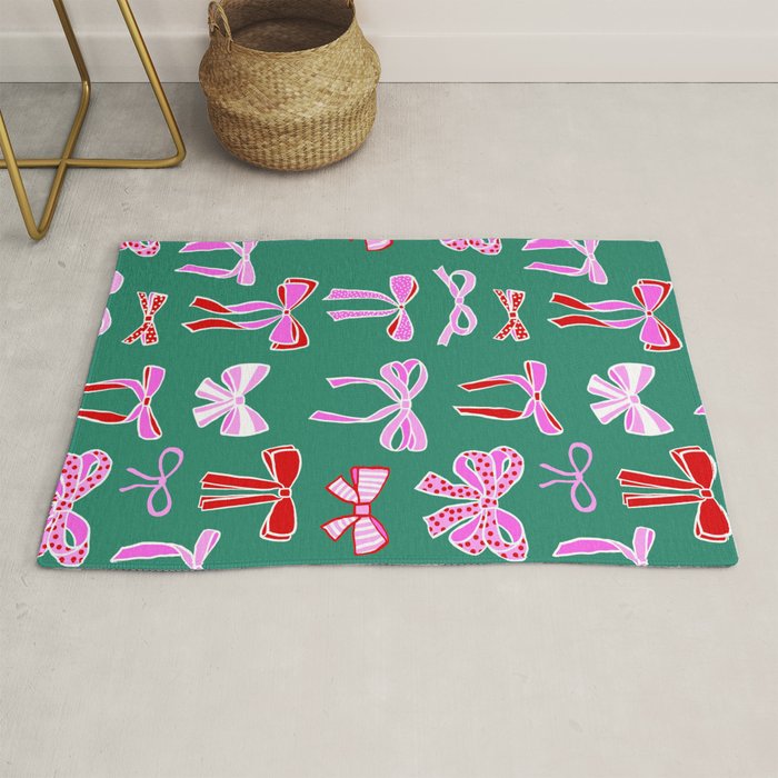 Festive Pink and Red Christmas Ribbons and Bows hand drawn Collection on Green Rug Gallery Image 1