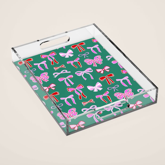 Festive Pink and Red Christmas Ribbons and Bows hand drawn Collection on Green Acrylic Tray Gallery Image 1